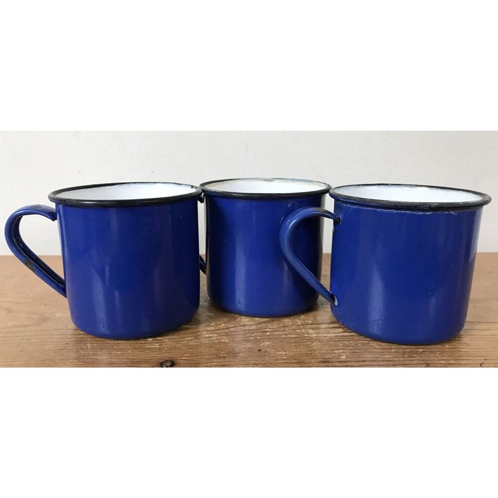 Set Lot 3 Vintage Mid Century Japan OTTO Blue Enamel Camping Coffee Cups Mugs